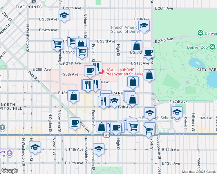 map of restaurants, bars, coffee shops, grocery stores, and more near 1800 North Williams Street in Denver