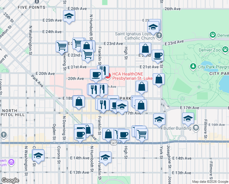 map of restaurants, bars, coffee shops, grocery stores, and more near 1834 Gilpin Street in Denver