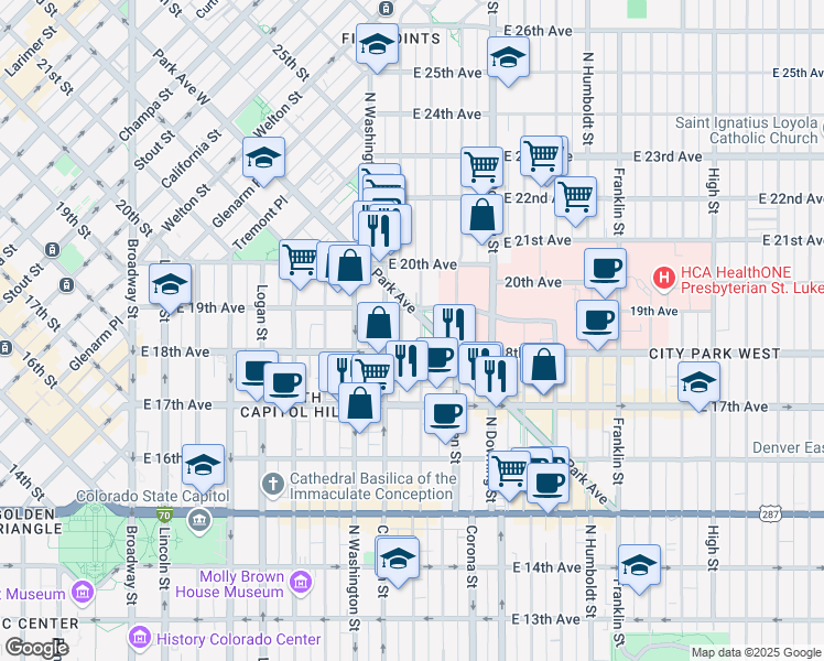 map of restaurants, bars, coffee shops, grocery stores, and more near 1833 Emerson Street in Denver