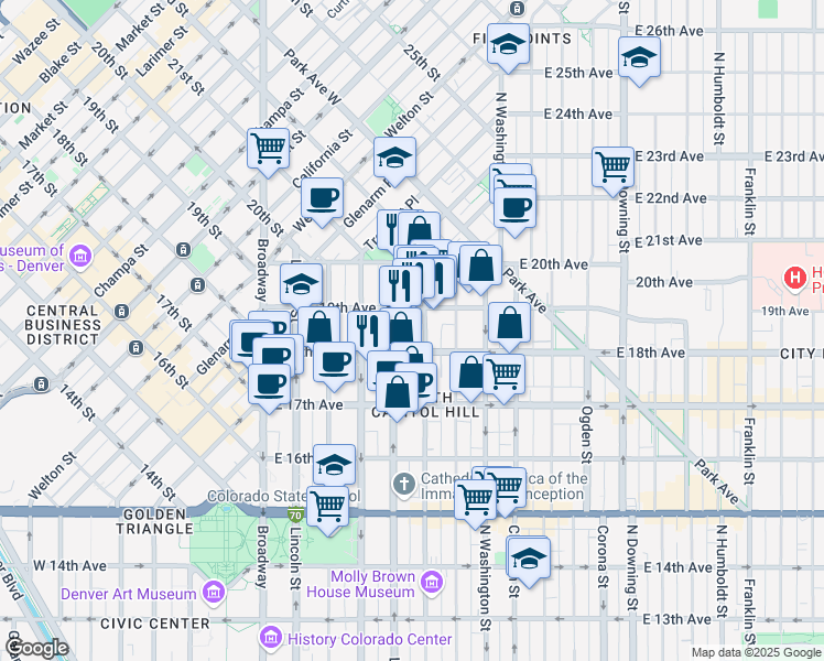 map of restaurants, bars, coffee shops, grocery stores, and more near in Denver
