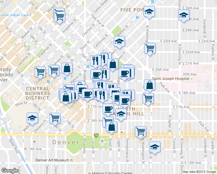 map of restaurants, bars, coffee shops, grocery stores, and more near 1838 Grant Street in Denver