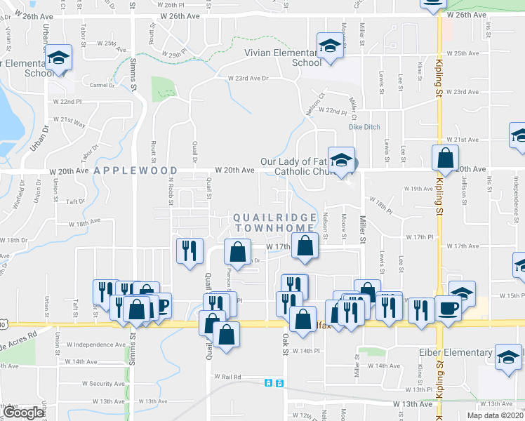 map of restaurants, bars, coffee shops, grocery stores, and more near 11147 West 17th Avenue in Lakewood