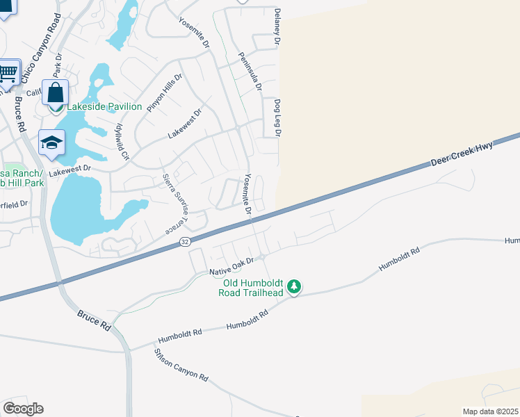 map of restaurants, bars, coffee shops, grocery stores, and more near 1445 Half Dome Way in Chico