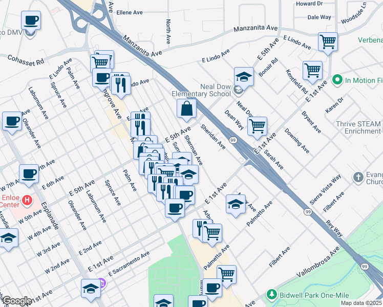 map of restaurants, bars, coffee shops, grocery stores, and more near 1301 Sheridan Avenue in Chico