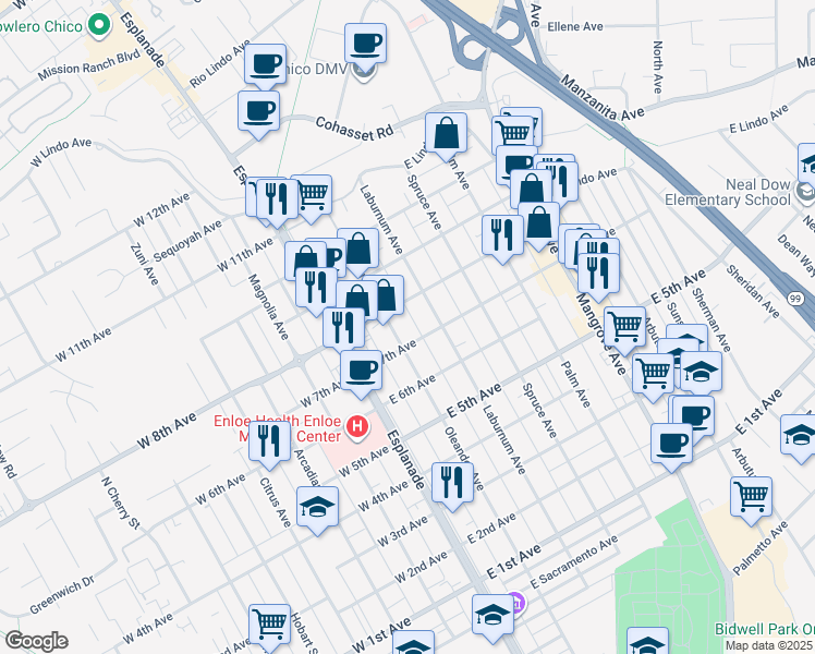 map of restaurants, bars, coffee shops, grocery stores, and more near 276 East 7th Avenue in Chico