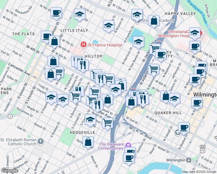 map of restaurants, bars, coffee shops, grocery stores, and more near 406 North Harrison Street in Wilmington