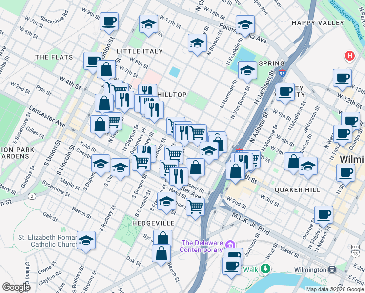 map of restaurants, bars, coffee shops, grocery stores, and more near 1232 North Franklin Street in Wilmington