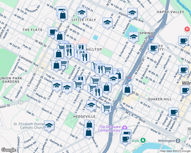 map of restaurants, bars, coffee shops, grocery stores, and more near 1323 West 3rd Street in Wilmington