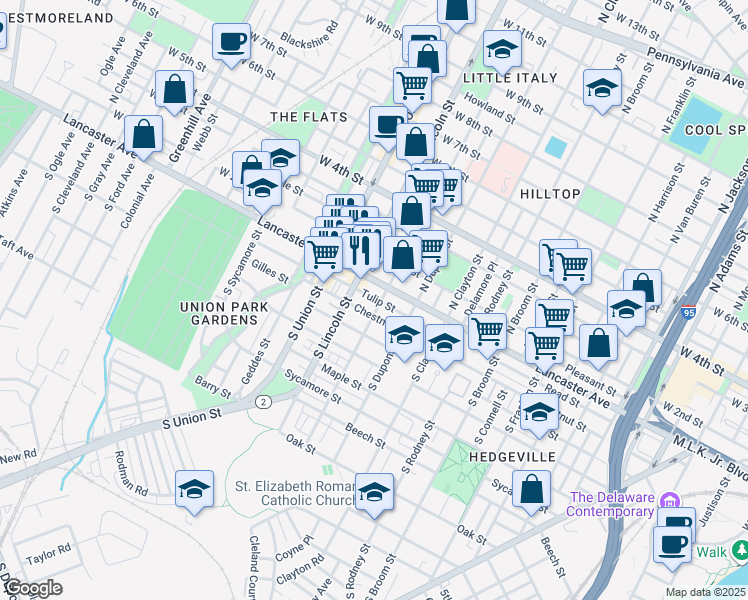 map of restaurants, bars, coffee shops, grocery stores, and more near 101 South Scott Street in Wilmington