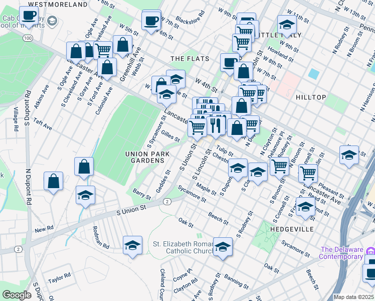 map of restaurants, bars, coffee shops, grocery stores, and more near 221 South Union Street in Wilmington