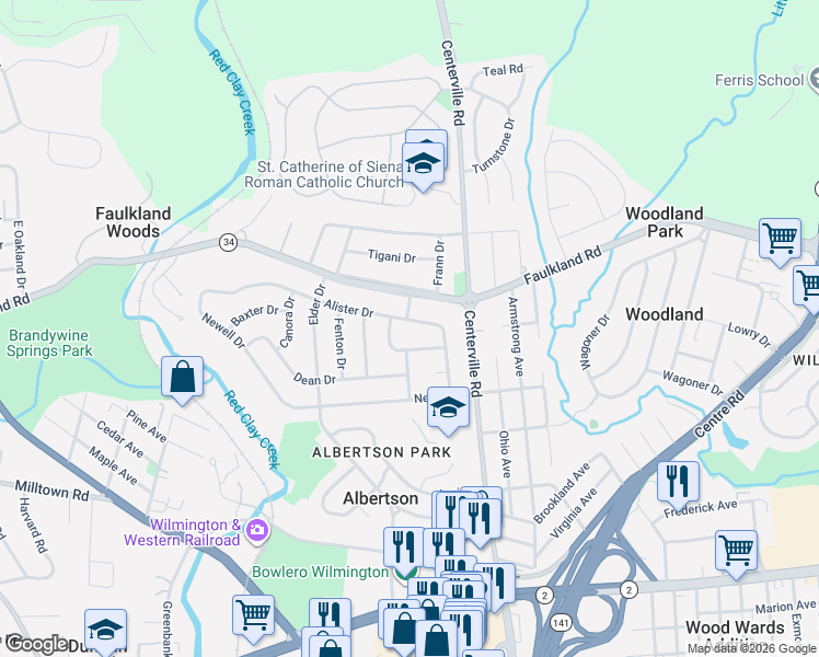 map of restaurants, bars, coffee shops, grocery stores, and more near 2418 Horace Drive in Wilmington