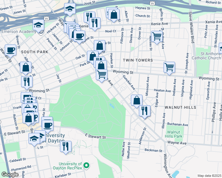 map of restaurants, bars, coffee shops, grocery stores, and more near 18 Glencoe Avenue in Dayton