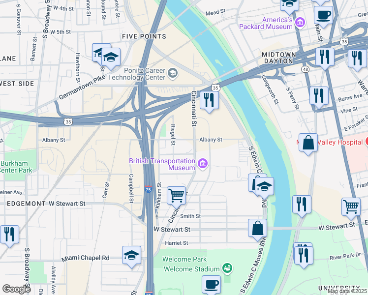 map of restaurants, bars, coffee shops, grocery stores, and more near 320 Albany Street in Dayton