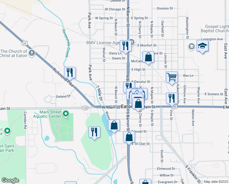 map of restaurants, bars, coffee shops, grocery stores, and more near 212 West Somers Street in Eaton