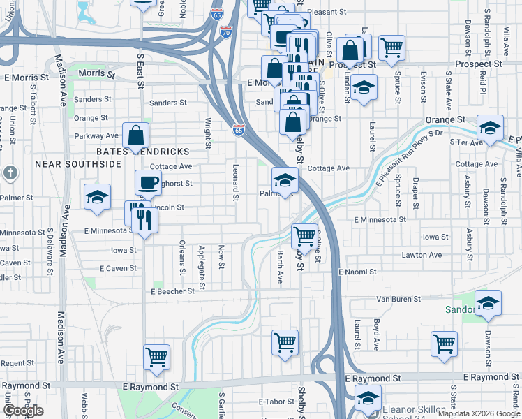 map of restaurants, bars, coffee shops, grocery stores, and more near 1001 Palmer Street in Indianapolis