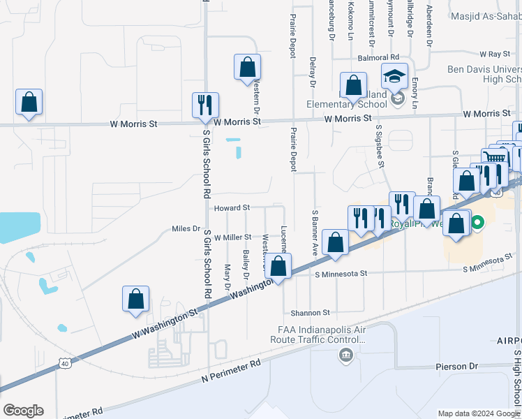 map of restaurants, bars, coffee shops, grocery stores, and more near 1404 Western Drive in Indianapolis