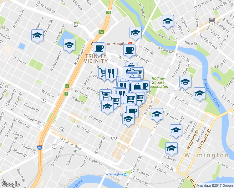 map of restaurants, bars, coffee shops, grocery stores, and more near 813 N West St in Wilmington