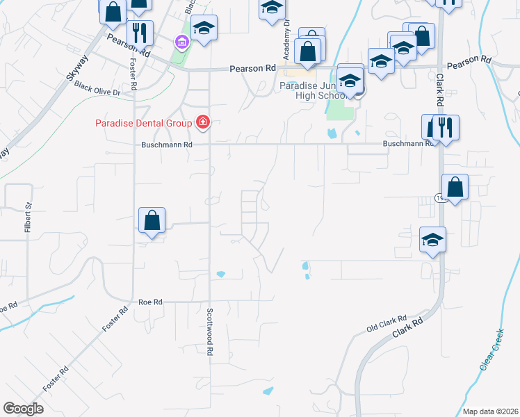 map of restaurants, bars, coffee shops, grocery stores, and more near 214 Berry Creek Drive in Paradise
