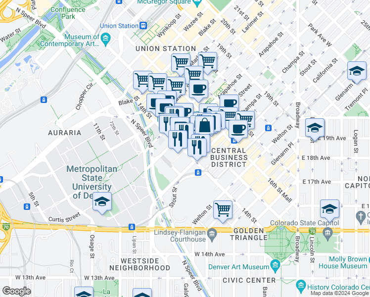 map of restaurants, bars, coffee shops, grocery stores, and more near 1401 Curtis Street in Denver