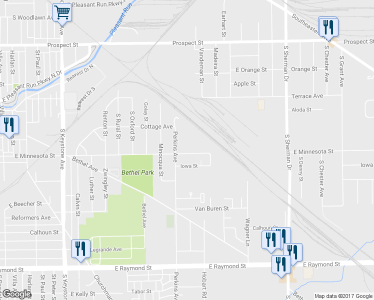 map of restaurants, bars, coffee shops, grocery stores, and more near 3118 East Minnesota Street in Indianapolis