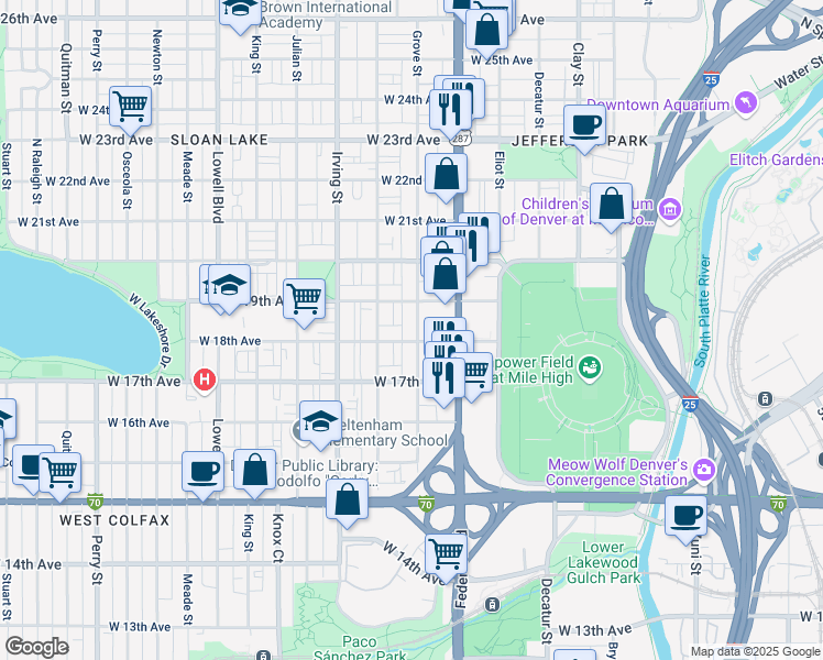 map of restaurants, bars, coffee shops, grocery stores, and more near 1803 Grove Street in Denver