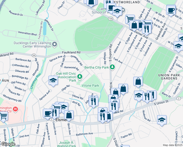 map of restaurants, bars, coffee shops, grocery stores, and more near 1303 Greenleaf Road in Wilmington