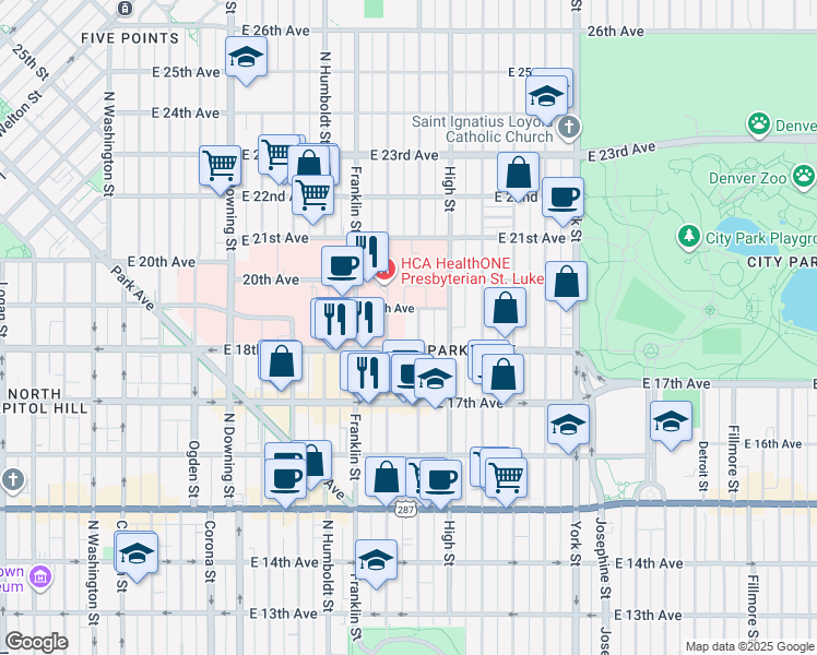 map of restaurants, bars, coffee shops, grocery stores, and more near 1834 Gilpin Street in Denver