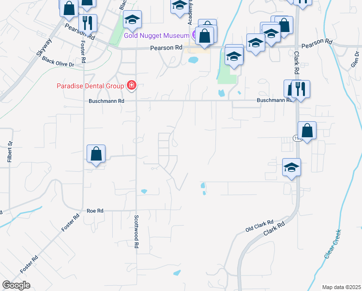 map of restaurants, bars, coffee shops, grocery stores, and more near 5500 Berry Creek Drive in Paradise