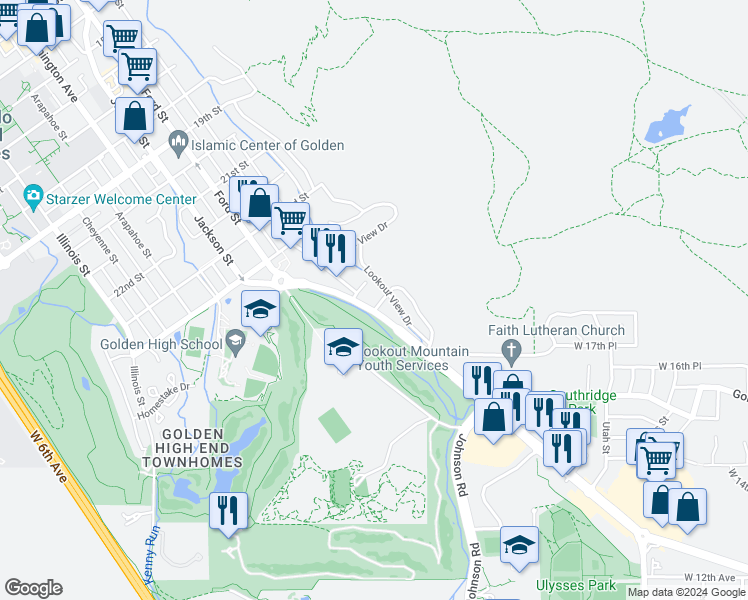 map of restaurants, bars, coffee shops, grocery stores, and more near 422 Sunset Drive in Golden