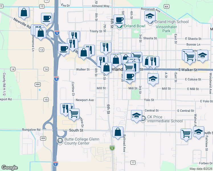 map of restaurants, bars, coffee shops, grocery stores, and more near 834 6th Street in Orland