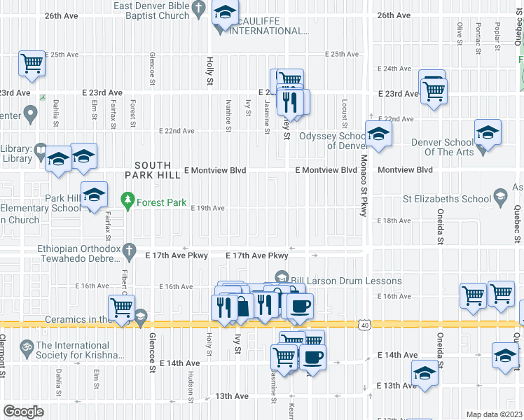 map of restaurants, bars, coffee shops, grocery stores, and more near 1795 Jasmine Street in Denver