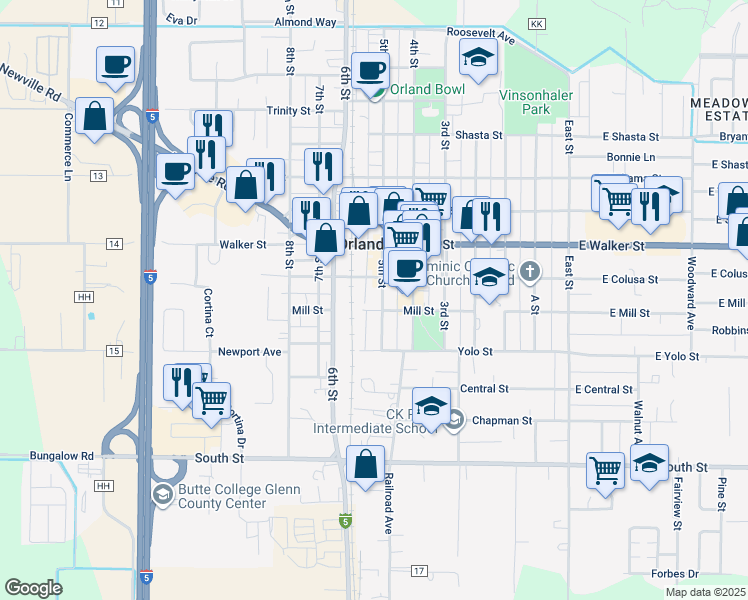 map of restaurants, bars, coffee shops, grocery stores, and more near 820 5th Street in Orland