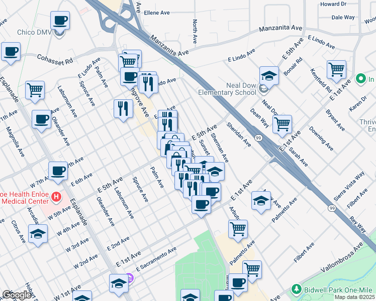 map of restaurants, bars, coffee shops, grocery stores, and more near 1423 Arbutus Avenue in Chico