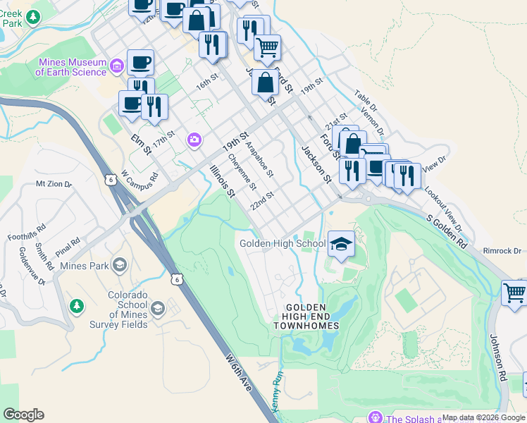 map of restaurants, bars, coffee shops, grocery stores, and more near 2214 Cheyenne Street in Golden