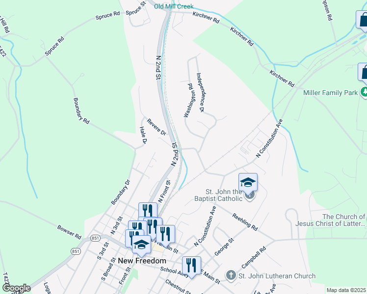 map of restaurants, bars, coffee shops, grocery stores, and more near 3 Pleasant Avenue in New Freedom
