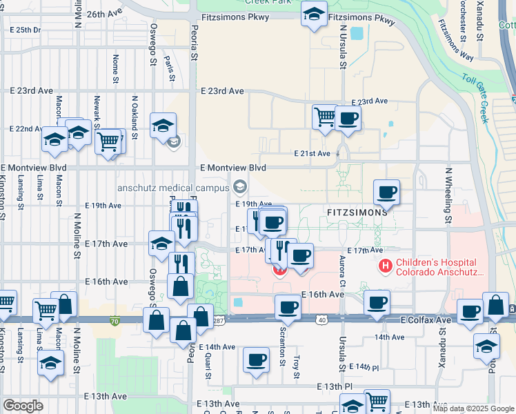 map of restaurants, bars, coffee shops, grocery stores, and more near 1402 North Revere Court in Aurora