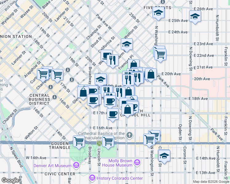 map of restaurants, bars, coffee shops, grocery stores, and more near 1838 Grant Street in Denver