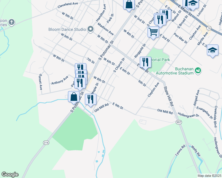 map of restaurants, bars, coffee shops, grocery stores, and more near 720 Ringgold Street in Waynesboro