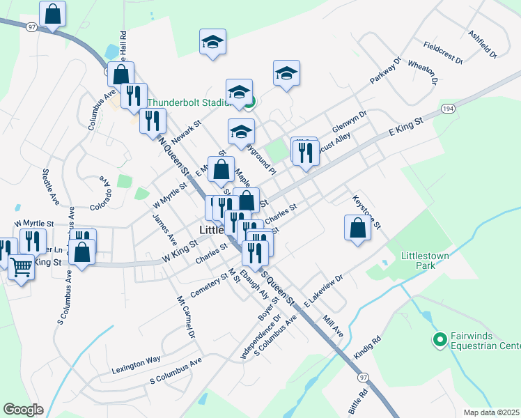 map of restaurants, bars, coffee shops, grocery stores, and more near 61 East King Street in Littlestown