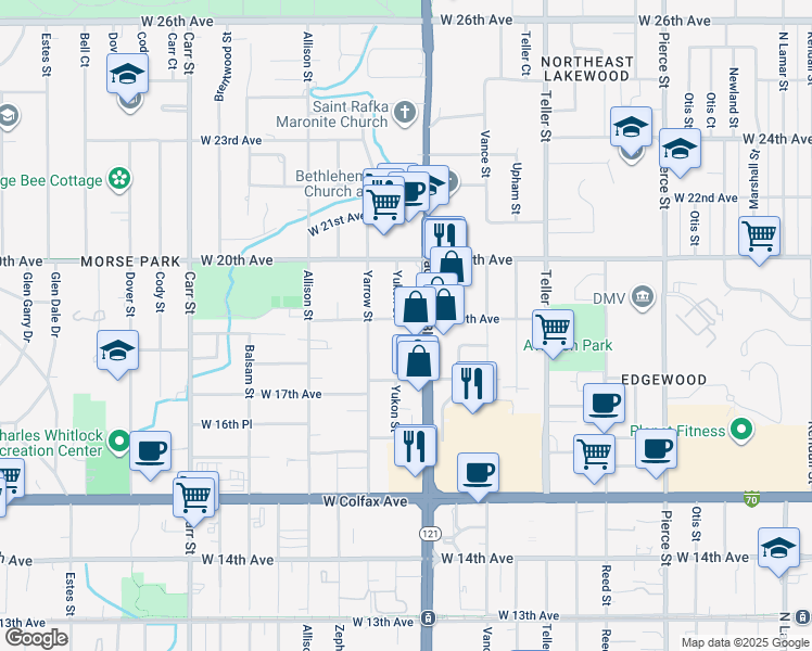map of restaurants, bars, coffee shops, grocery stores, and more near 7690 West 19th Avenue in Lakewood