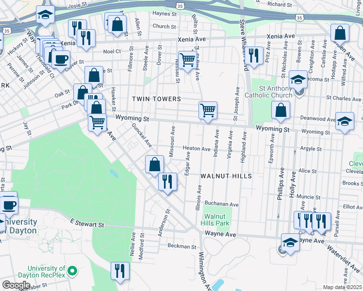 map of restaurants, bars, coffee shops, grocery stores, and more near 209 Heaton Avenue in Dayton