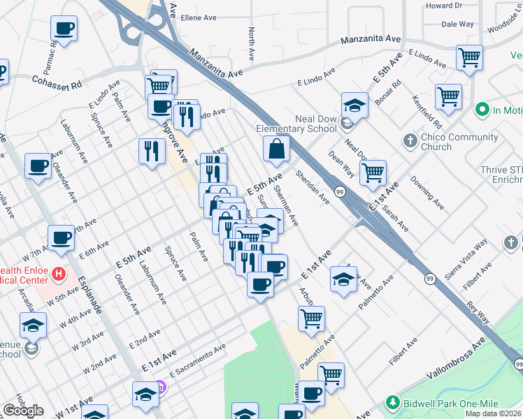 map of restaurants, bars, coffee shops, grocery stores, and more near 1407 Sunset Avenue in Chico