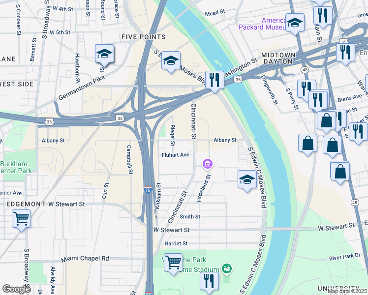 map of restaurants, bars, coffee shops, grocery stores, and more near 320 Albany Street in Dayton