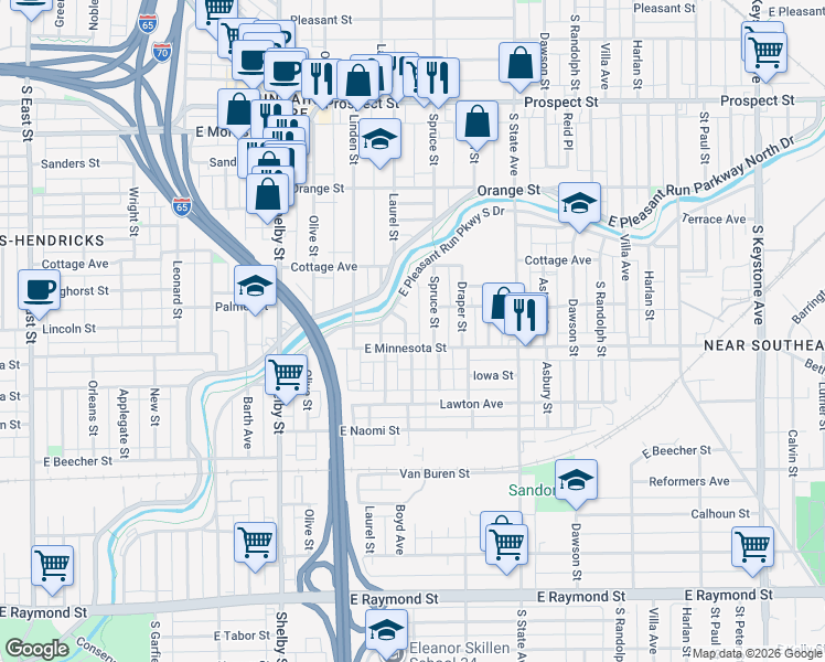 map of restaurants, bars, coffee shops, grocery stores, and more near 1631 Brier Place in Indianapolis