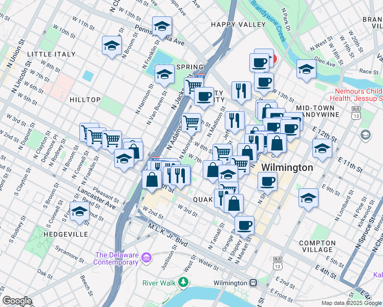 map of restaurants, bars, coffee shops, grocery stores, and more near 705 W 7th St in Wilmington