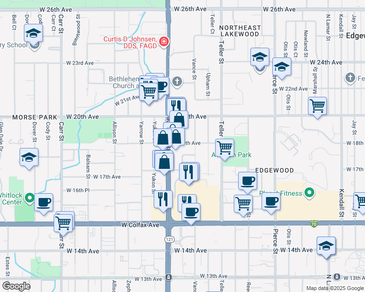 map of restaurants, bars, coffee shops, grocery stores, and more near 7420 West 19th Avenue in Lakewood