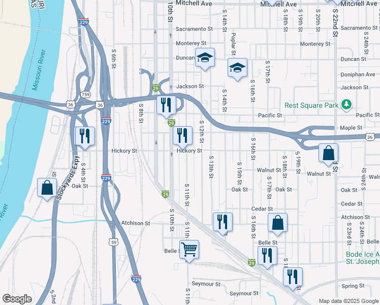 map of restaurants, bars, coffee shops, grocery stores, and more near 2301 South 11th Street in Saint Joseph