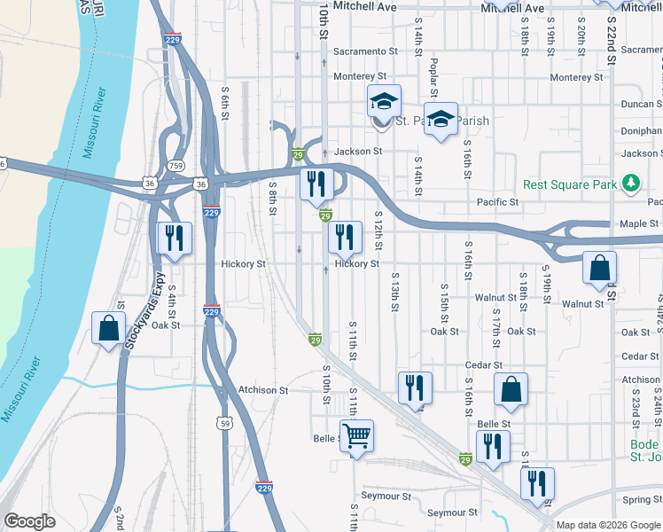 map of restaurants, bars, coffee shops, grocery stores, and more near 2301 Interstate 29 Business Loop in Saint Joseph