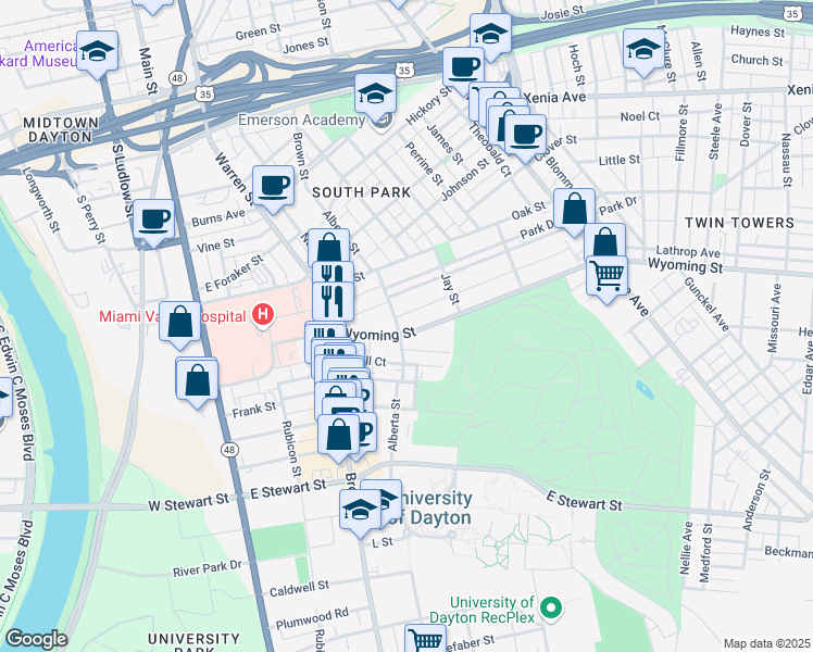 map of restaurants, bars, coffee shops, grocery stores, and more near 309 Wyoming Street in Dayton