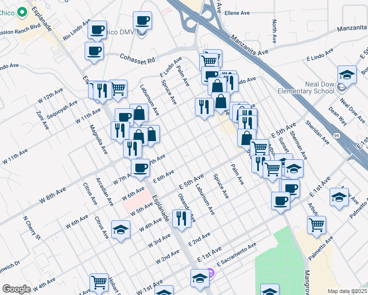 map of restaurants, bars, coffee shops, grocery stores, and more near 365 East 7th Avenue in Chico